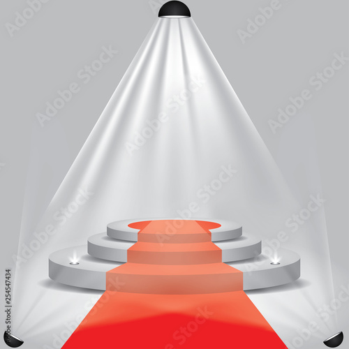 Red carpet to podium stage with spotlights vector art illustration
