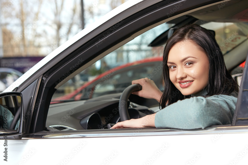 Woman on the road. Portrait of a beautiful happy brunette smiling to the camera sitting in a new car at the car salon