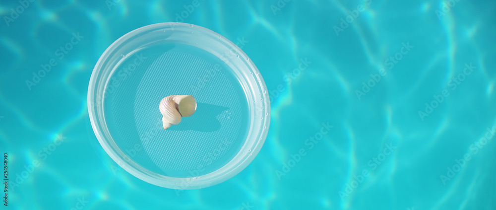Water texture in blur. On the surface of a plastic plate and shell, layout, mock-up, template. The concept of ecology, cleanliness, recreation, travel. Water in motion, top view. Water texture in blur. On the surface of a plastic plate and shell, layout, mock-up, template. The concept of ecology, cleanliness, recreation, travel. Water in motion, top view.