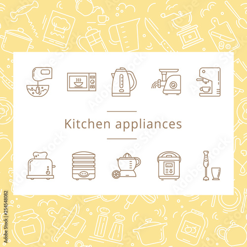 Set of kitchen appliances icons in line style isolated on the white background. Well tracked items of kitchen appliances.