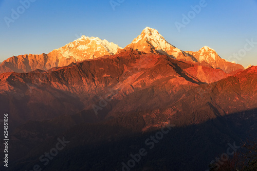 Sunset at Poon Hill on the Annapurna circuit in Nepal, view to Annapurna mountain range