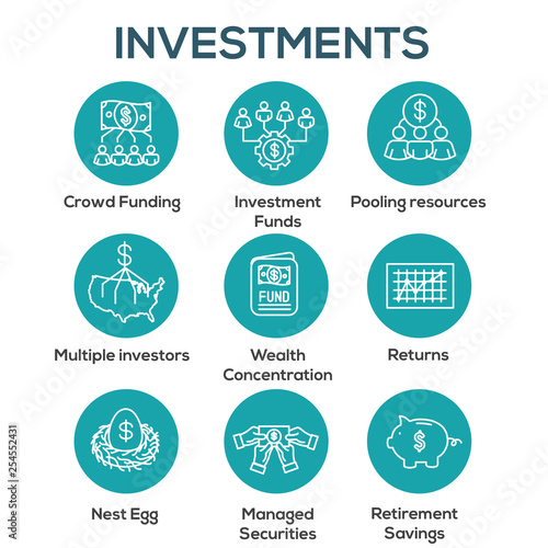Retirement Investments and Dividend Income, Mutual Fund, IRA Icon set