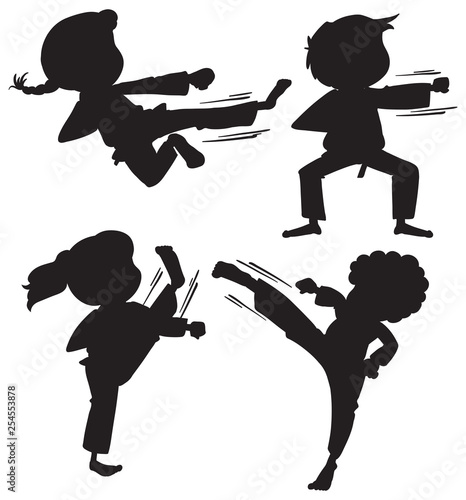 Set of silhouette karate kids