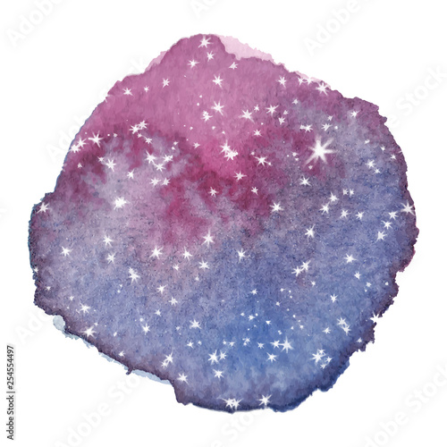 Blue and purple watercolor sky with stars and one big star. Vector illustration.