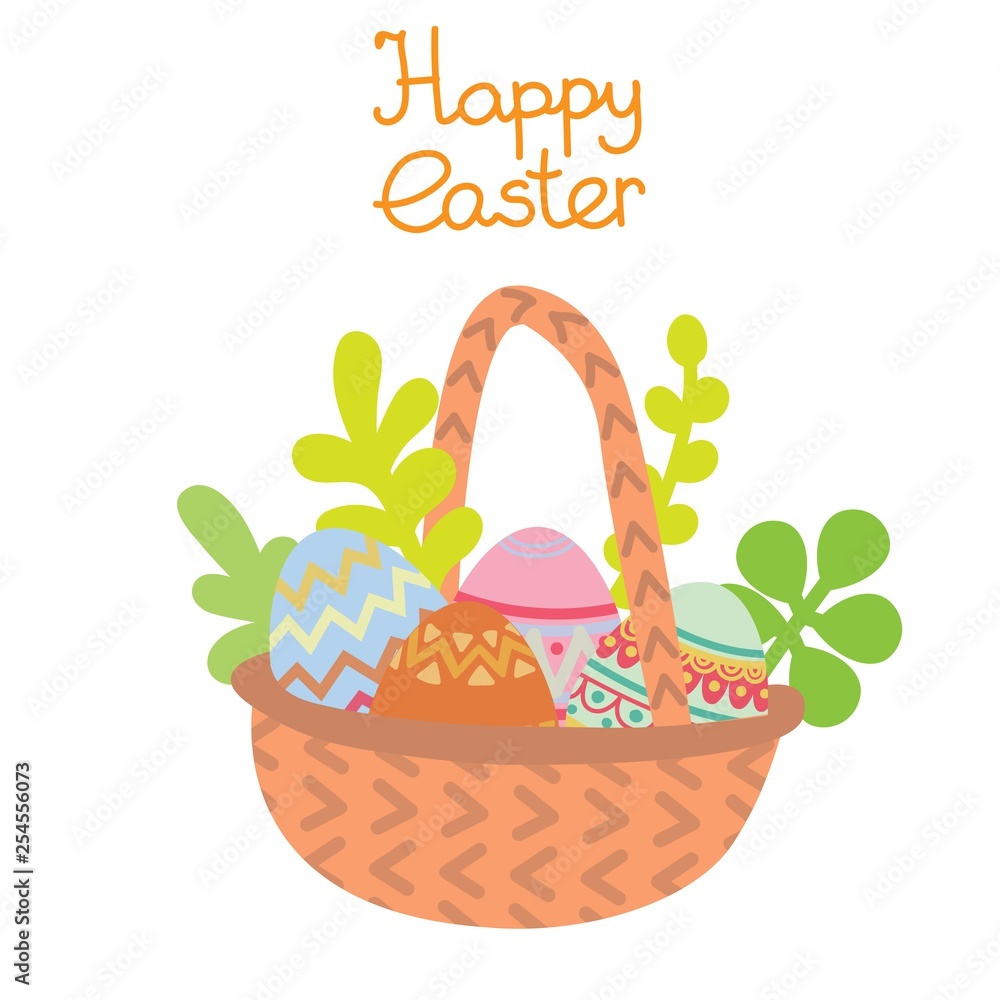 Vector flat basket with Easter eggs and plants Vector flat basket with Easter eggs and plants