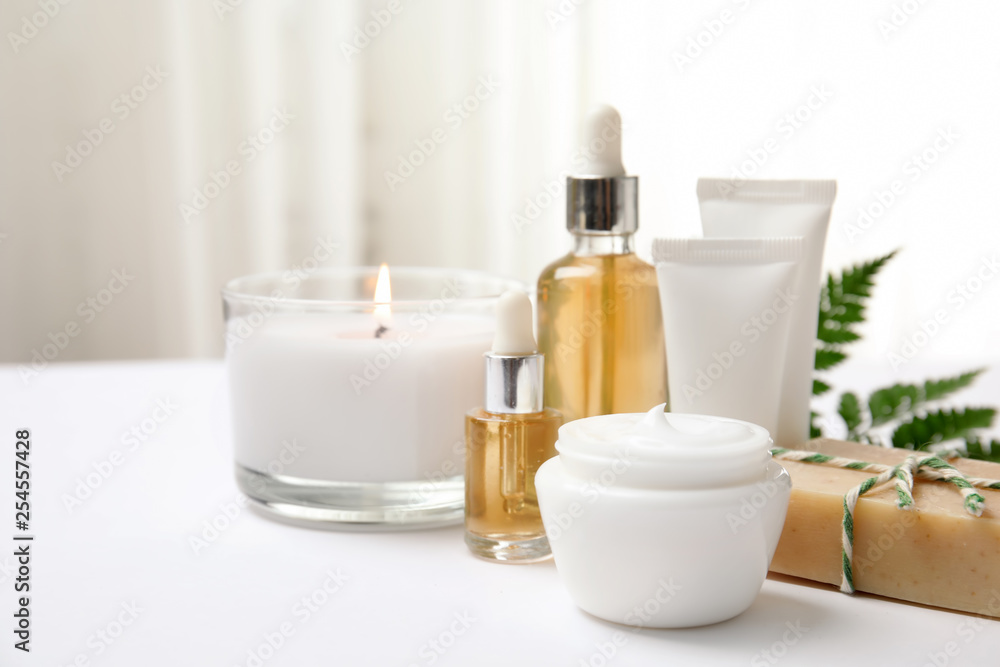 Composition with different body care products on table. Mockup for design Composition with different body care products on table. Mockup for design