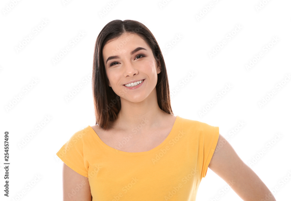 Beautiful young woman in stylish clothes on white background Beautiful young woman in stylish clothes on white background