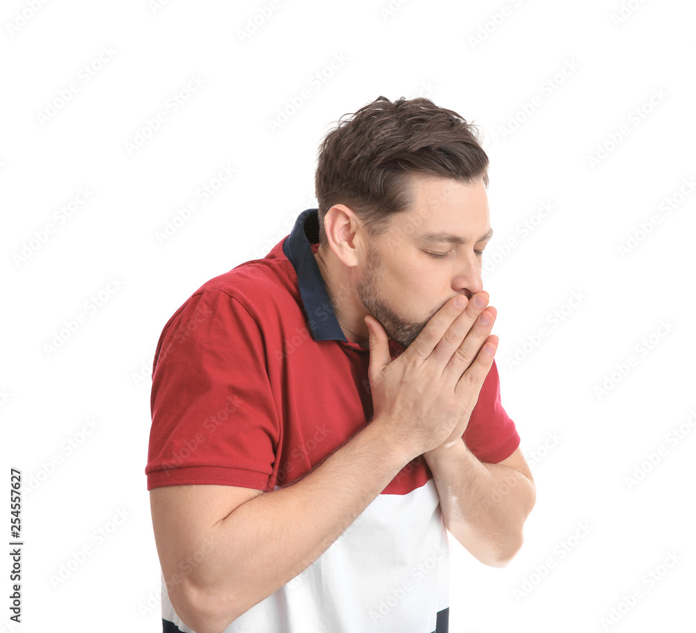 Man suffering from cough isolated on white Man suffering from cough isolated on white
