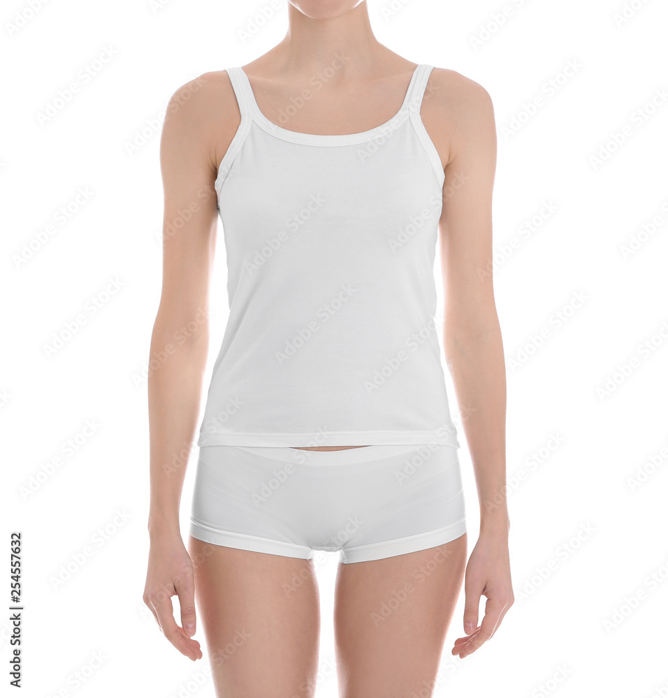 Young slim woman on white background, closeup. Weight loss