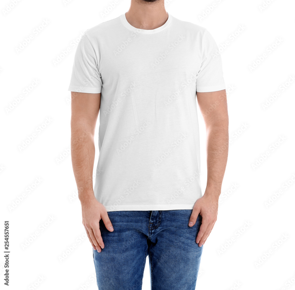 Young man on white background, closeup. Weight loss Young man on white background, closeup. Weight loss