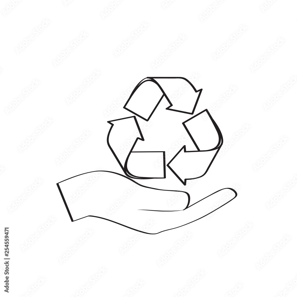 Obraz premium Recycling symbol outline on a hand. Vector illustration design
