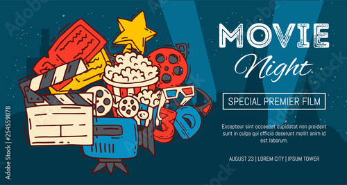 Cinema festival poster flyer media production background vector. Sale ticket banner. Movie time and entertainment concept. Camera cinematography advertising flat illustration.