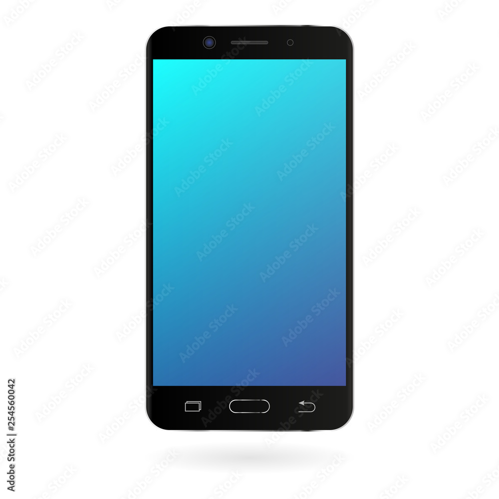Smartphone mockup with blue gradient screen on white background. Black color digital gadget template. Modern phone. Vector illustration. Smartphone mockup with blue gradient screen on white background. Black color digital gadget template. Modern phone. Vector illustration.