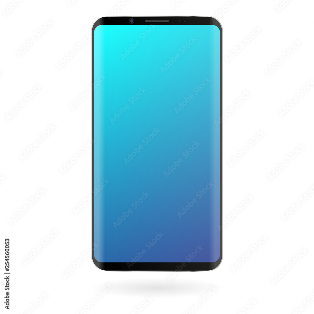 Smartphone mockup with blue gradient screen on white background. Black color digital gadget template. Modern phone. Vector illustration.