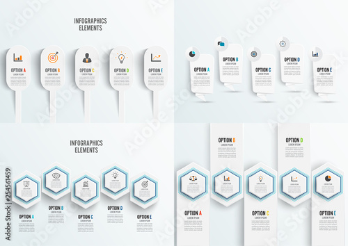 Set vector infographic template with 3D paper label, integrated circles. Business concept with 5 options. For content, diagram, flowchart, steps, parts, timeline infographics.