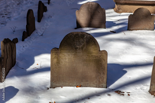 Boston, USA- March 01, 2019: picturesque Boston old graveyard with historic tombstones from the time of revolution and independence war © Deyan