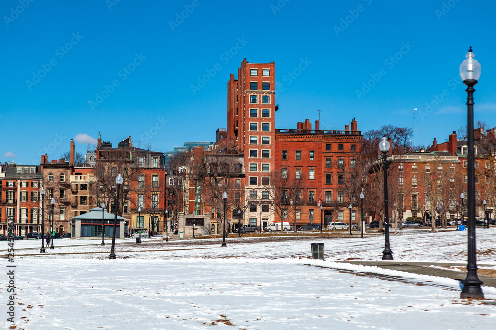 Boston, USA- March 01, 2019: The Public Garden, also known as Boston Public Garden, is a large park in the heart of Boston, Massachusetts, adjacent to Boston Common
