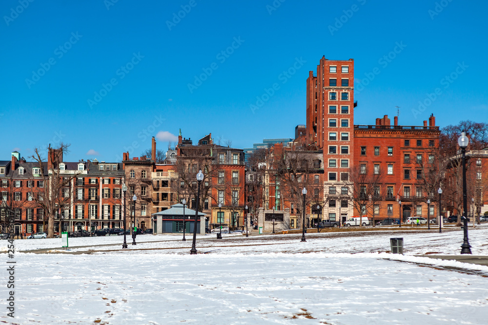 Boston, USA- March 01, 2019: The Public Garden, also known as Boston Public Garden, is a large park in the heart of Boston, Massachusetts, adjacent to Boston Common