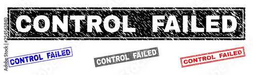 Grunge CONTROL FAILED rectangle stamp seals isolated on a white background. Rectangular seals with grunge texture in red, blue, black and grey colors.