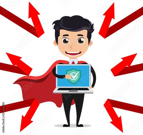 Computer programmer vector character. Cyber security technician posing like hero holding laptop with antivirus application. Vector illustration.