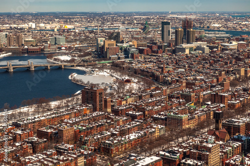 Fototapeta Naklejka Na Ścianę i Meble -  Boston, USA- March 08, 2019: panorama, a view from the air on the snowy Boston streets, Massachusetts, United States.