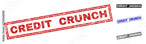 Grunge CREDIT CRUNCH rectangle stamp seals isolated on a white background. Rectangular seals with grunge texture in red, blue, black and grey colors.