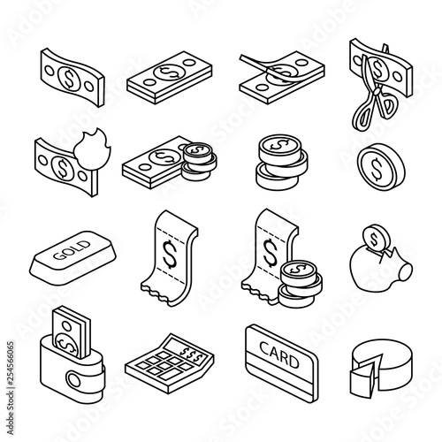 Business and money isometric outline icon set