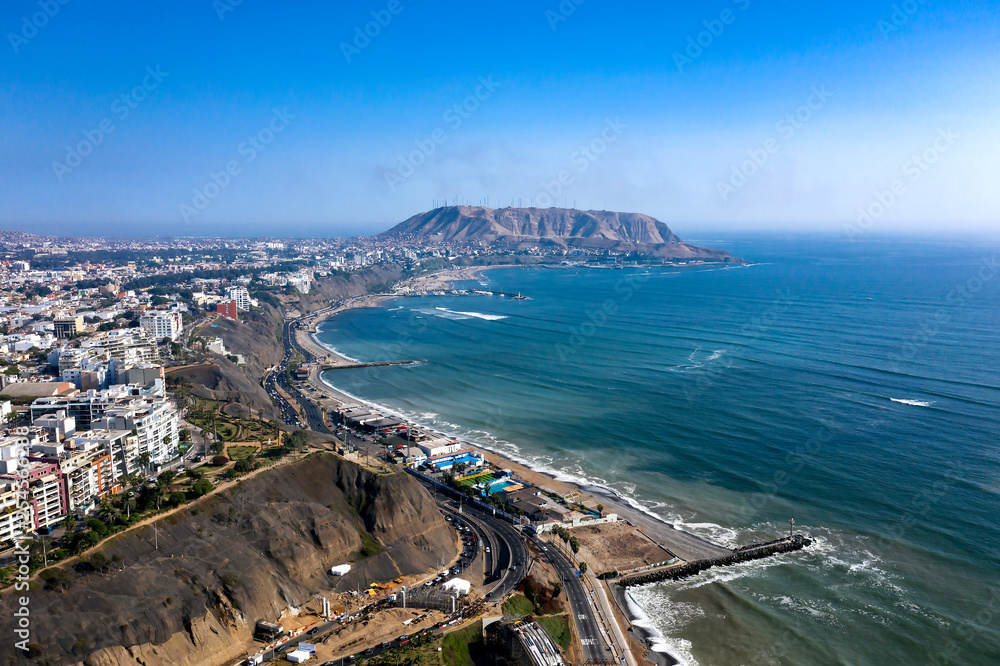 Aerial view of Lima's shoreline including the districts of Barranco and Chorrillos, with 