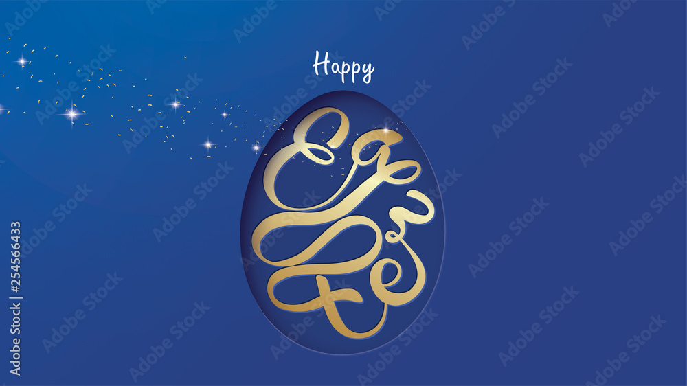 Happy Easter lettering background in egg shape frame with confetti, golden brush splash, light, stars, sparkling glamorous glow in the dark. - Vector Happy Easter lettering background in egg shape frame with confetti, golden brush splash, light, stars, sparkling glamorous glow in the dark. - Vector