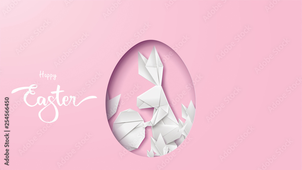 3d paper cut illustration of easter rabbit, grass, flowers and egg shape. Happy easter greeting card modern template. - Vector