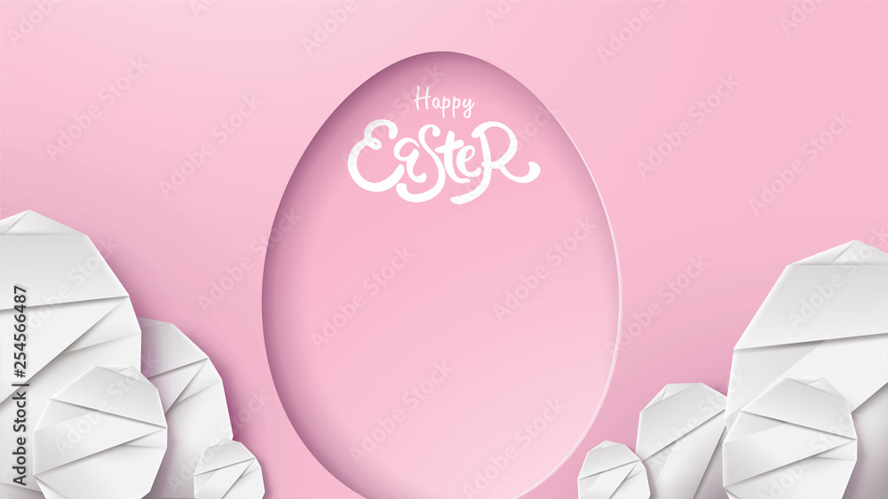 Obraz premium 3d paper cut illustration of easter rabbit, grass, flowers and egg shape. Happy easter greeting card modern template. - Vector