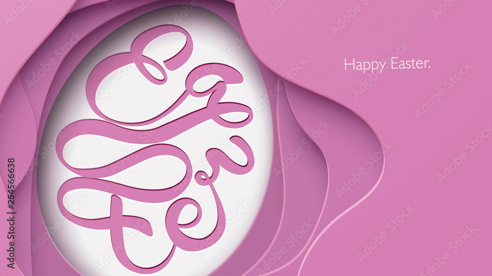 Obraz premium Happy Easter lettering background in egg shape frame with confetti, golden brush splash, light, stars, sparkling glamorous glow in the dark. - Vector