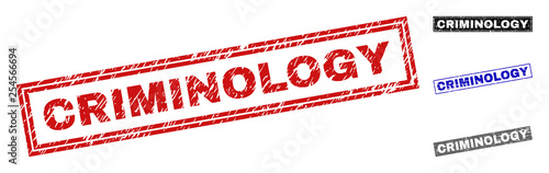 Grunge CRIMINOLOGY rectangle stamp seals isolated on a white background. Rectangular seals with grunge texture in red, blue, black and gray colors.