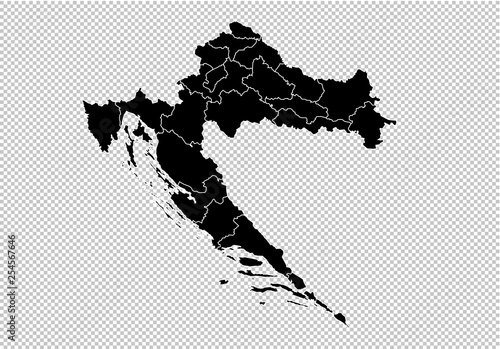 croatia map - High detailed Black map with counties/regions/states of croatia. Afghanistan map isolated on transparent background.