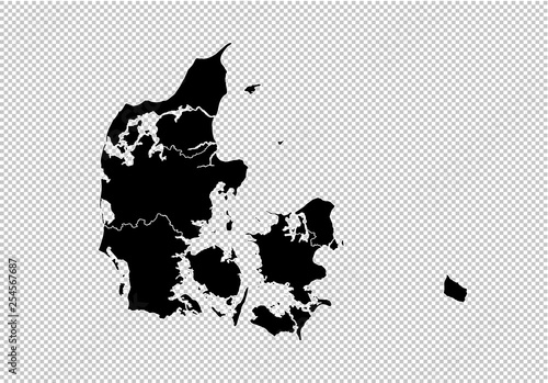 denmark map - High detailed Black map with counties/regions/states of denmark. denmark map isolated on transparent background.