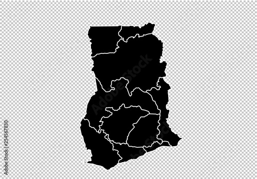 ghana map - High detailed Black map with counties/regions/states of ghana. ghana map isolated on transparent background.