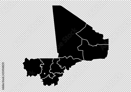 mali map - High detailed Black map with counties/regions/states of mali. mali map isolated on transparent background.