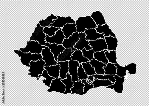 romania map - High detailed Black map with counties/regions/states of romania. romania map isolated on transparent background.