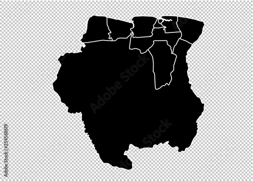 suriname map - High detailed Black map with counties/regions/states of suriname. suriname map isolated on transparent background.