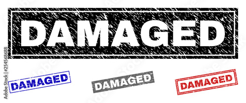 Grunge DAMAGED rectangle stamp seals isolated on a white background. Rectangular seals with distress texture in red, blue, black and gray colors.
