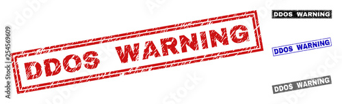 Grunge DDOS WARNING rectangle stamp seals isolated on a white background. Rectangular seals with grunge texture in red, blue, black and gray colors.