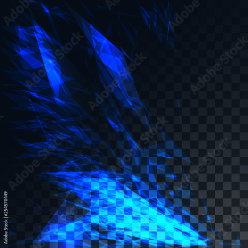 Abstract blue transparent energy futuristic three-dimensional glass triangles on a translucent dark, checkered black background from squares. Vector illustration