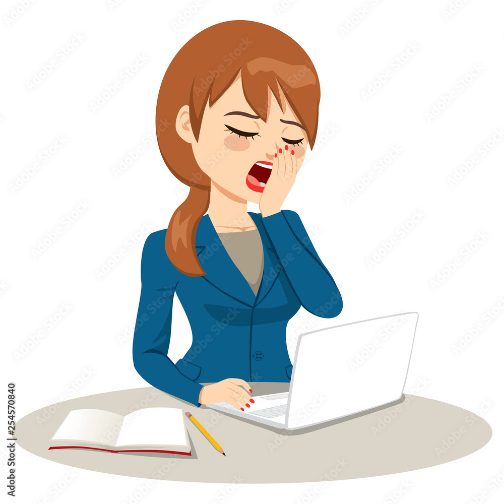 Young light brown haired businesswoman working on laptop yawning covering mouth with hand bored concept Young light brown haired businesswoman working on laptop yawning covering mouth with hand bored concept