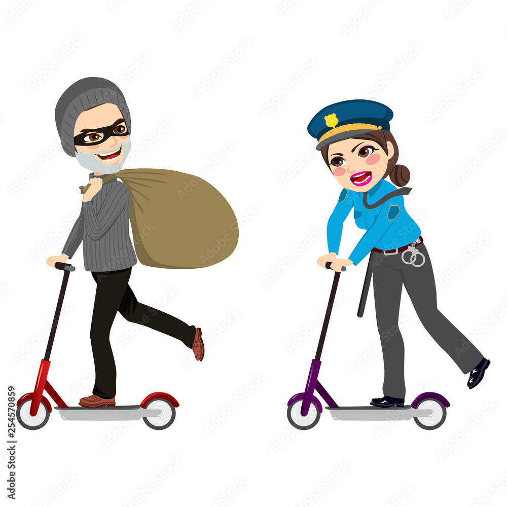 Police woman running with electric scooter chasing burglar carrying bag full of cash money Police woman running with electric scooter chasing burglar carrying bag full of cash money