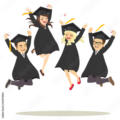 Young happy girls and boys students in academic dress jumping celebrating together graduation ceremony day