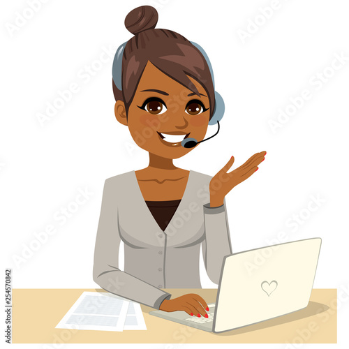 Illustration of call center operator woman wearing headset working on laptop help desk concept