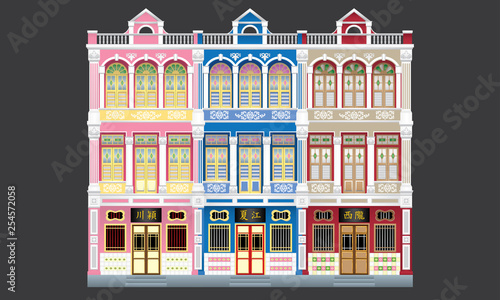 Colorful and historical colonial style three storey terrace houses. Linked. Caption: the places where the owner's origin.