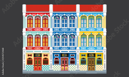 Colorful and historical colonial style three storey terrace houses. Linked. Caption: the places where the owner's origin.
