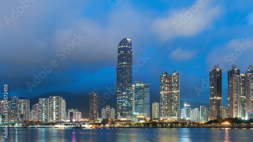 Panorama view of Harbor of Hong Kong City at night © leeyiutung