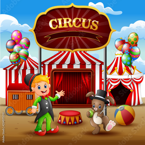 Trainer and a rabbit circus performance on the arena